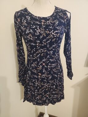 American Eagle Outfitters Navy Floral Long-Sleeve Dress with Cold-Shoulder